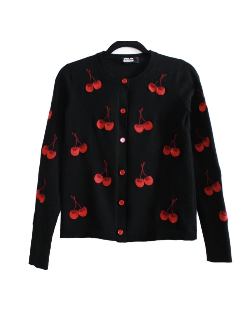 OpenLady Studio Retro Rockabilly Cherry Embroidered Cardigan